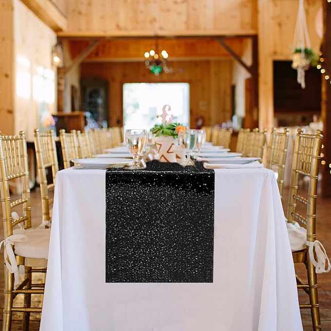 10 Packs 12 x 72 inches Black Sequin Table Runner, Glitter Runner for Birthday Party Supplies Wedding Holiday Celebration Baby Shower Engagement Anniversary Decor