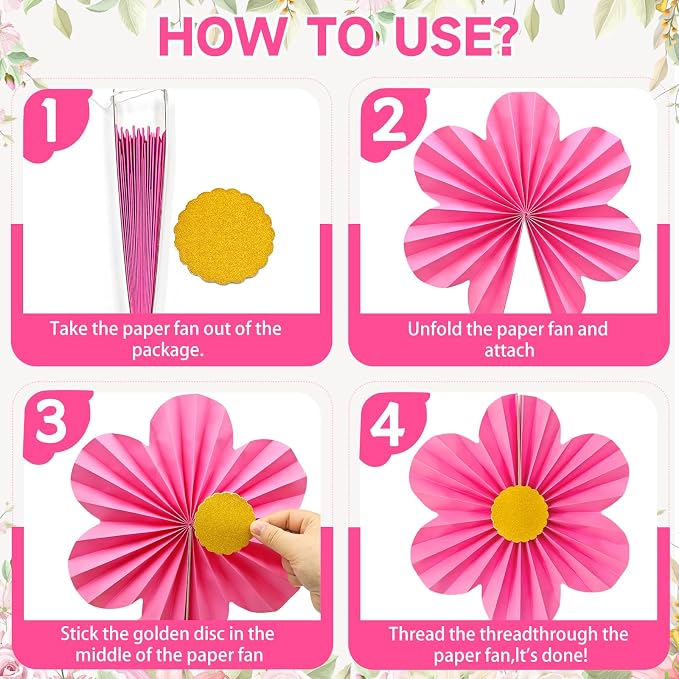 Pink Purple Party Decorations, 12PCS Hanging Paper Fans Flower Wall Backdrop for Wedding, Birthday, Baby Shower, Bridal Shower, Nursery, Indoor Outdoor Classroom Decor