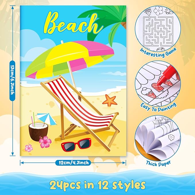 BenLouis 24 Summer Mini Coloring Books Kids with 24 Stacking Crayons Beach Pool Party Favors Activity Books Bulk for Kids Summer Birthday Goodie Bag Gift Stuffer Classroom Reward