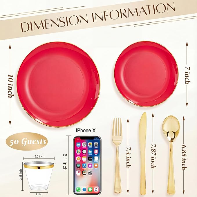 WDF 300Pcs Red Disposable Plates - Red Plastic Plates - 50guest Disposable Dinnerware Include 50 Dinner Plate, 50 Dessert Plate, 150 Cutlery & 50 9oz Cups for Wedding Baby Shower Spring Mother's Day