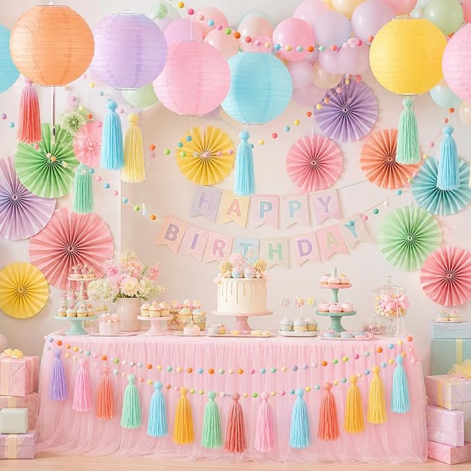 Feifeiya 20 Pcs Pastel Party Decorations for Classroom include 9 Hanging Paper Lanterns 9 Paper Fans 2 Pastel Rainbow Tassel Garland for Classroom Home Decor Birthday Baby Shower Wedding Supplies