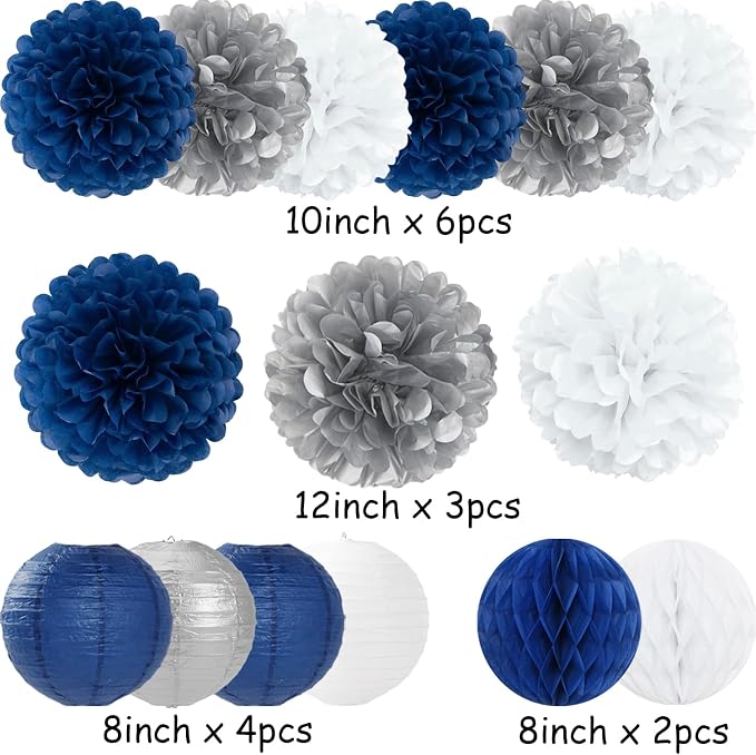 Navy Blue Silver White Paper Flowers Tissue Pom Poms Honeycomb Lanterns 15pcs Royal Party Decorations Graduation Birthday Wedding Baby Bridal Shower Boy Bachelorette Hanging Supplies Mprocherify