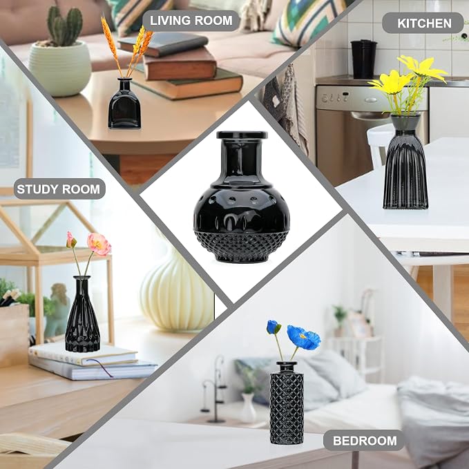 Bud Vase Set of 25: Black Glass Vases - Small, Cute Vintage Set for Flower, Wedding, Home Decorations