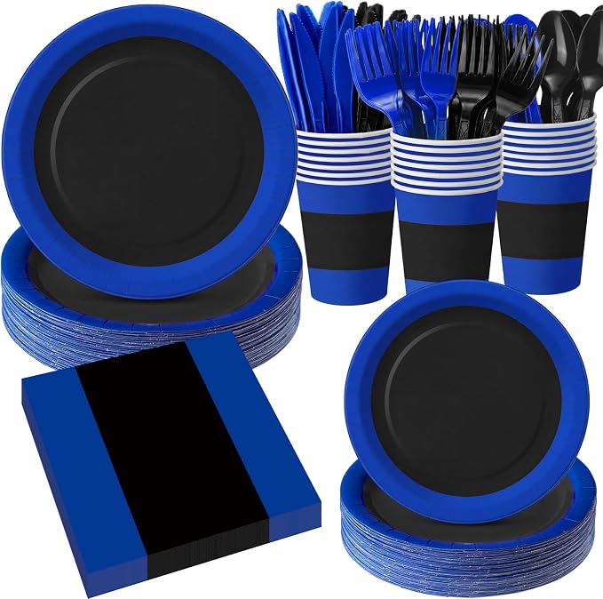 400 Pcs Black and Blue Birthday Party Decoration for 50, Blue Black Paper Plates Napkins Cups Tablecloth Cutlery Disposable Tableware Set for Police Bachelor Birthday Party Supplies