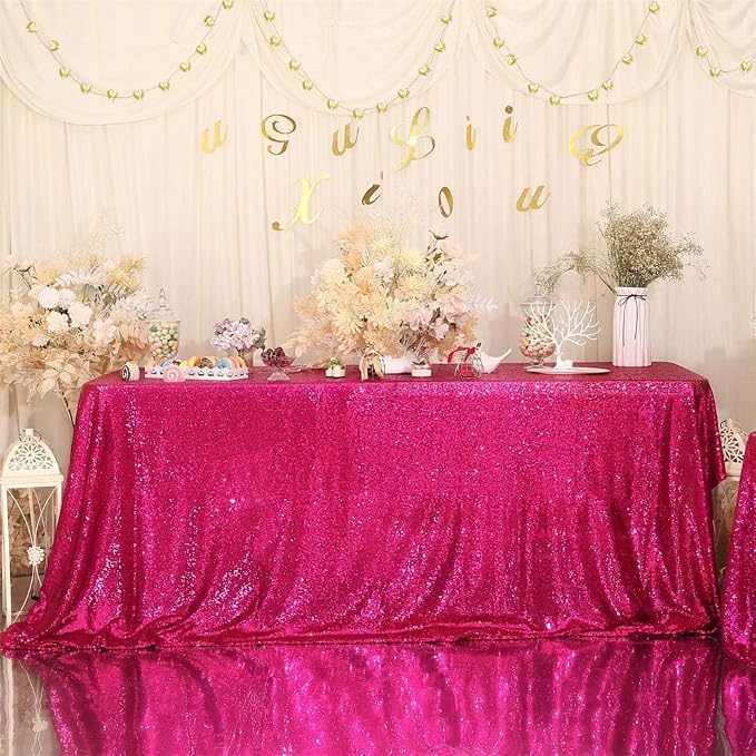 Eternal Beauty Hot Pink Tablecloth, 60x120 Inch Sequin Rectangle Table Cover for Mother's Day Cake Dessert Exhibition Party Birthday Events