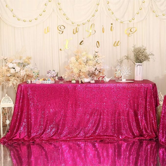 Eternal Beauty Hot Pink Tablecloth, 90x132 Inch Sequin Rectangle Table Cover for Valentines Cake Dessert Exhibition Party Birthday Events