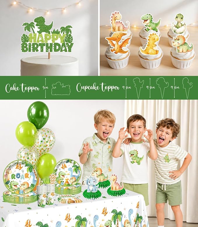 213 pcs Dinosaur Birthday Party Decorations Serve 25, All-in-One Dinosaur Party Decorations Includes Plates, Tablecloth, Cake Toppers, Cupcake Toppers
