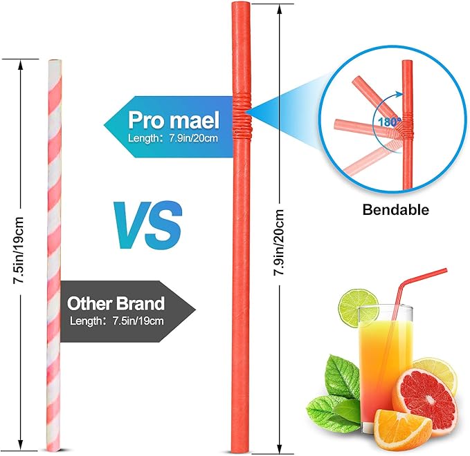 Pro Mael Paper Drinking Straws, Flexible Straws for Juices, Shakes, Smoothies, Disposable Straw for Birthdays, Weddings & Party (200 Pack, 5 Colors)