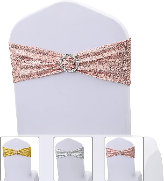 Pack of 50 All Around Rose Gold Sequin Chair Sashes for Wedding Decor, Sequins Chair Bands with Silver Buckles for Party Baby Shower Fiestas Decorations, Glitter Rose Gold Chair Sashes