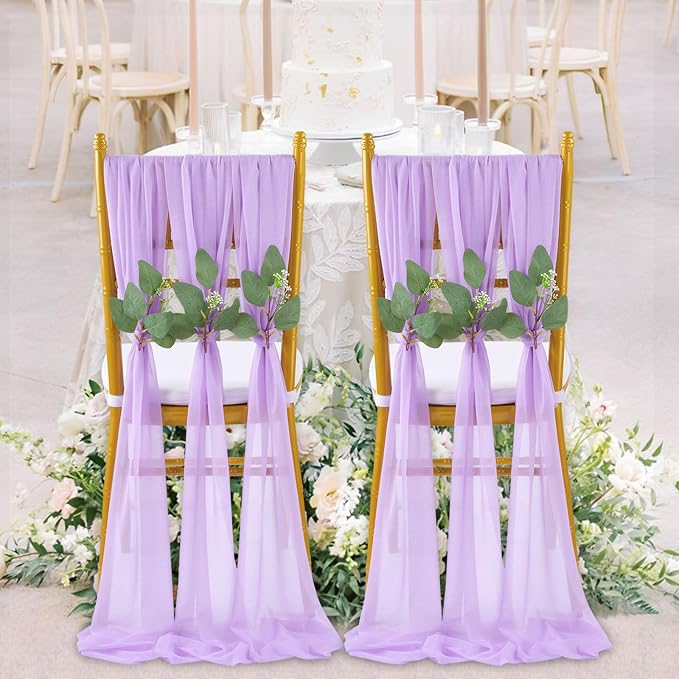 QueenDream Wedding Aisle Chair Sashes 50 Pieces Light Purple Long Sheer Fabric Sashes Decorations Chair with Artificial Eucalyptus