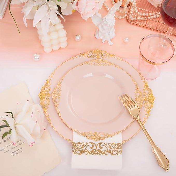 Morejoy 175pcs Pink Plastic Plates - Pink and Gold Disposable Plates sets, Include 25 Dinner Plates,25 Dessert Plates,25 Cutlery Sets,25 Napkins Perfect for Wedding & Party & Holiday & Mother's Day