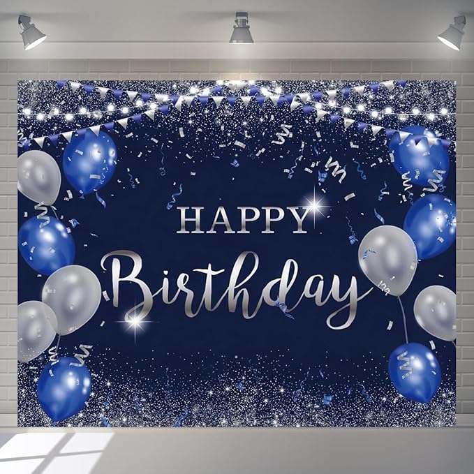 Happy Birthday Backdrop 10x8ft for Men Boys Navy Blue and Silver Happy Birthday Banner Decorations Large Birthday Party Photo Background Poster for Women Girls Supplies Polyester Fabric