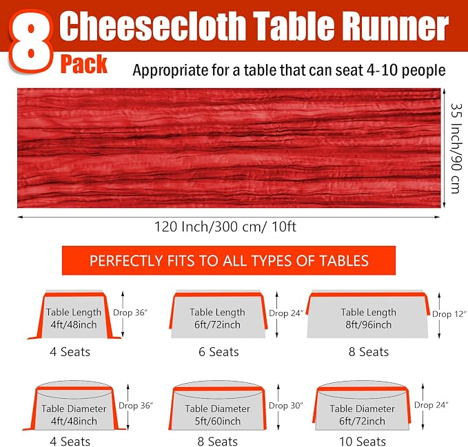 8 Pack Red Cheesecloth Table Runner 35x120 Inches Boho Gauze Rustic Christmas Cheese Cloth Table Runners 10ft Long Romantic Sheer Table Runner for Wedding Bridal Baby Shower Party Decor
