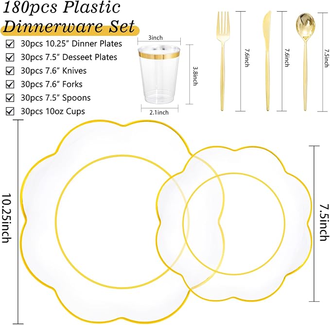 ejonirinjonir EI 180pcs Clear Plastic Plates with Gold Plastic Silverware, Plate for Party,Clear Dinnerware Set,Heavy Duty Plate for Wedding,Afternoon Tea,Spring,Mother's Day,Valentine's Day,Easter