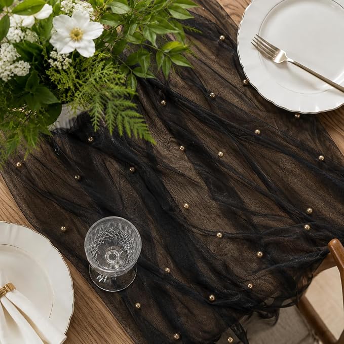 Pearl Black Gauze Pearl Table Runner 120 Inch 10FT, Seasonal Sheer Dining Holiday Wedding Birthday Baby Shower Tulle Summer Table Decor for Home Party