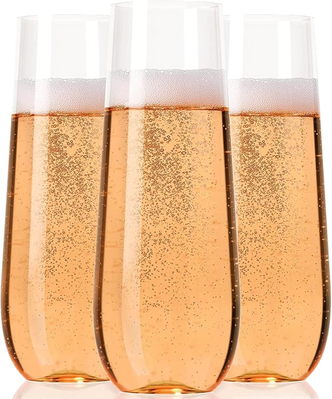 45 Plastic Stemless Champagne Flutes - Disposable Unbreakable toasting glasses, 45 pack | Clear Fancy Shatterproof & Reusable 9 Oz Champagne glass, BPA free - Ideal for Weddings, Birthdays, Parties