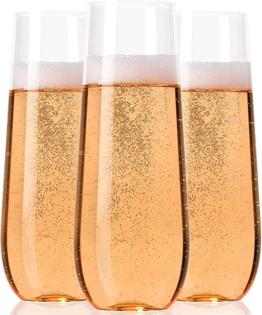 45 Plastic Stemless Champagne Flutes - Disposable Unbreakable toasting glasses, 45 pack | Clear Fancy Shatterproof & Reusable 9 Oz Champagne glass, BPA free - Ideal for Weddings, Birthdays, Parties