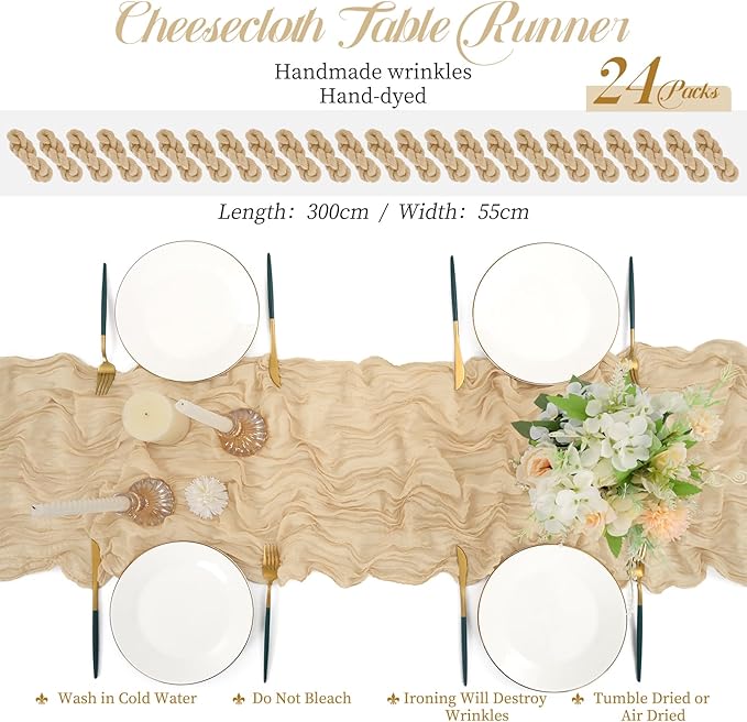 24 Packs Cheesecloth Table Runner Beige,10 Ft Rustic Gauze Boho Wedding Table Runner Decoration, Wedding Table Decor Table Cloth for Wedding Party Bridal Shower Table,21.5x120in