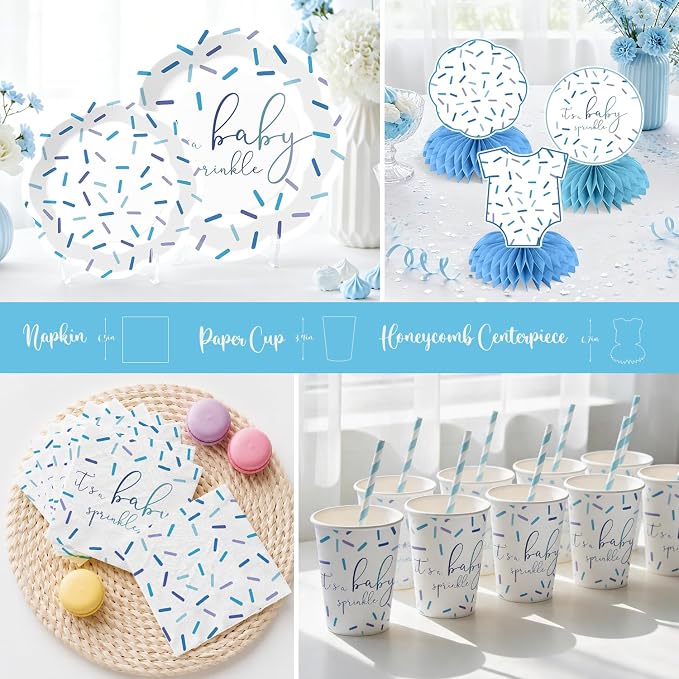 Xynic 205Pcs Baby Sprinkle Decorations Tableware Set Serves 25 Guests Sprinkled with Love Baby Shower with Blue Confetti Plates, Napkins, Tablecloths, Banner, and Cake Toppers for Boy