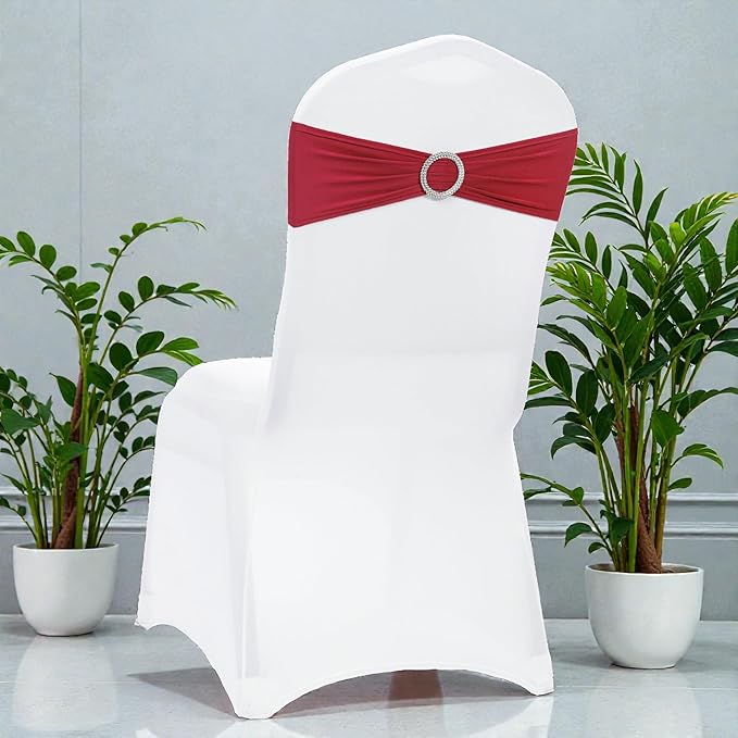 VDS - Apple Red | Spandex Chair Sashes Bows | 125 PCS | Stretch Elastic Banquet Universal Folding Chair Band Tie with Silver Buckle Slider for Wedding Party Conference Celebration Event Decoration
