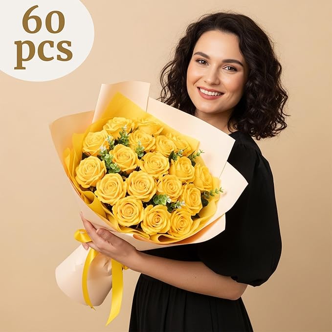 Auihiay 60PCS Yellow Roses Bulk, Yellow Velvet Silk Fake Roses, Realistic Flowers for Wedding Centerpieces, Bridal Bouquets, Home Decor, Baby Shower,Spring Easter Party Decorations
