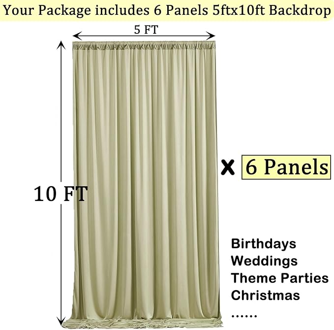 30ft x 10ft Wrinkle Free Sage Green Backdrop Curtains for Parties, Thick Polyester Photo Backdrop Drapes for Wedding Birthday Party Photography Background, 6 Panels 5x10ft