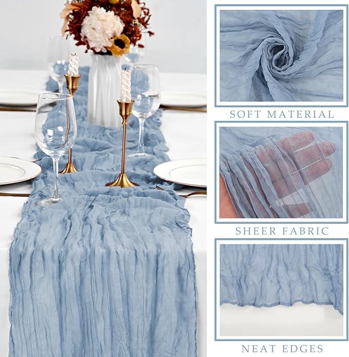 Dusty Blue Cheesecloth Table Runner 10FT Runner for Tables 35 x 120 Inches Long Gauze Boho Fabric Table Runner Decoration Rustic Sheer Runner for Wedding Birthday Baby Shower Party (Dusty Blue)