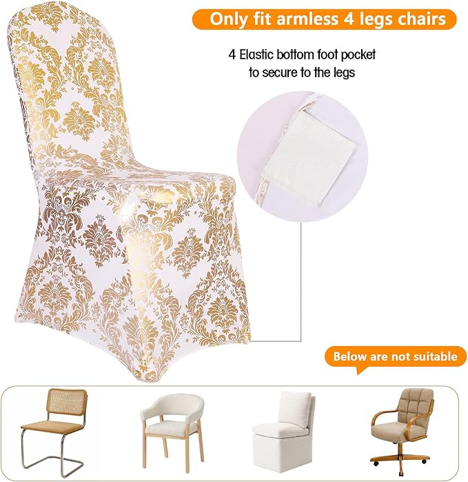 Pack of 1 Dining Chair Covers Bronzing Gold Flower Print Removable Washable Spandex Stretch Decorative Chair Slipcovers Set for Party Wedding Home Decorations - Gold+White