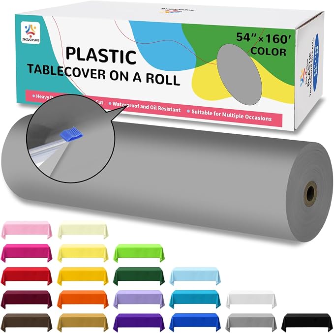 54IN X 160FT Plastic Table Cover Roll with Cutter Box, Cut to Size Plastic Table Cloths for Parties, Birthday, Disposable Tablecloth Roll for All Shape Tables (Silver Grey, 54 Inch X 160 Feet)