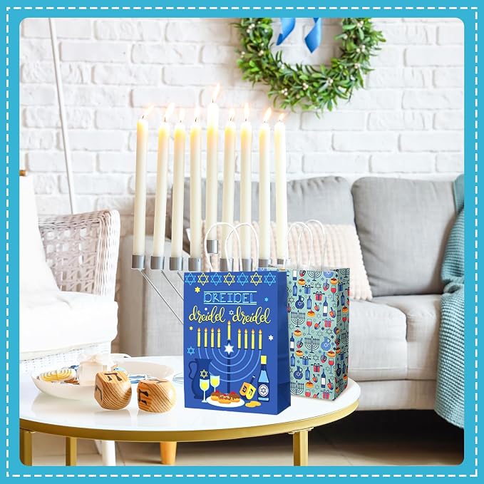 Outus 24 Pcs Hanukkah Party Favor Bags Chanukah Gift Goodie Paper Bags with Handles Blue Star of David Dreidel Candy Treat Pouch for Happy Hanukkah Party Decorations Supplies