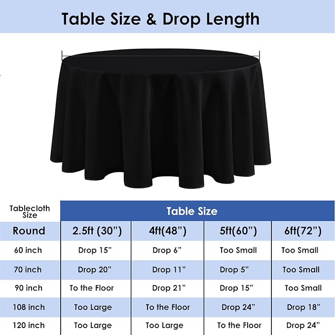 10 Pack 120 Inch Black Round Tablecloth, Polyester Fabric Washable Table Cloth for Home, Party, Wedding or Restaurant Use