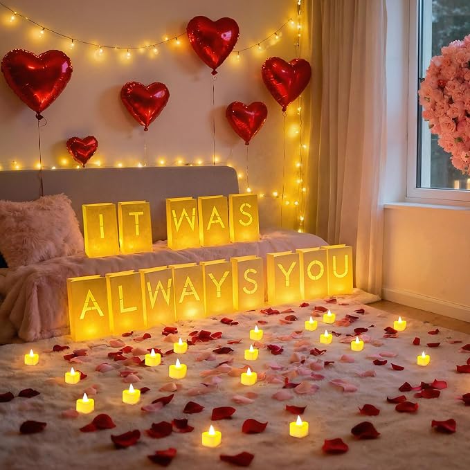 Valentines Day Decorations - It was Always You Light Up Letters Luminary Bags, Romantic Decorations Special Night with Bright LED Candles and Fake Rose Petals, Engagement Party & Proposal Decor kit