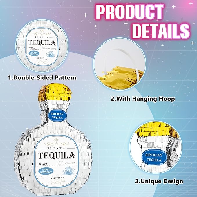 WERNNSAI Tequila Bottle Piñata - Disco Party Decorations for Adults Silver Patron Tequila Piñata with Blindfold for Bachelor Birthday Party Supplies 11.7” x 16.5”