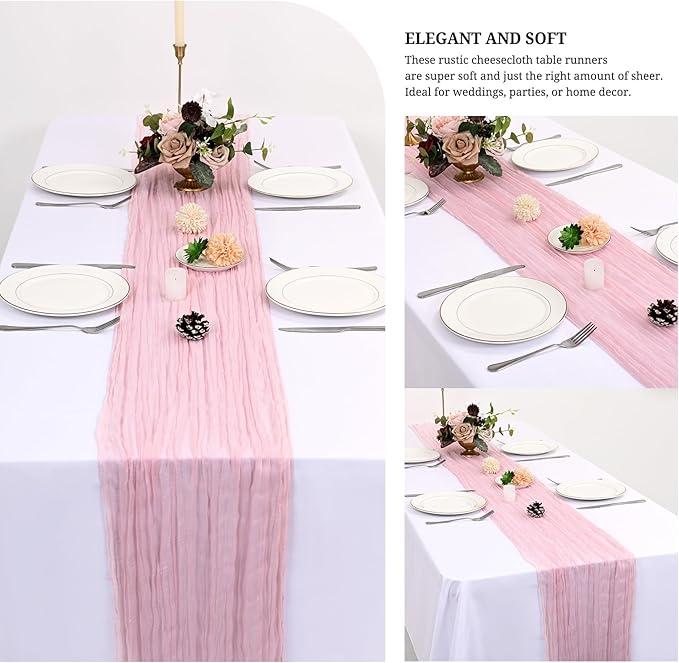 24 Pack Light Pink Cheesecloth Table Runner 120 inch Fall Thanksgiving Boho Rustic Gauze Farmhouse 10FT Cheese Cloth Runner for Baby Shower Wedding Party Holiday Home Decor
