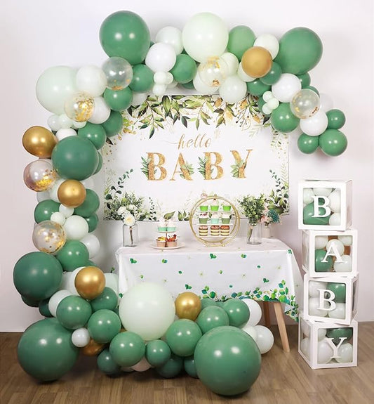 Sage Green Neutral Baby Shower Decorations Safari Theme Boxes with Letters Woodland Jungle Balloon Garland Arch Kit Rustic Party Backdrop Leaf Tablecloth Para Baby Birthday Party Supplies (126 pack)
