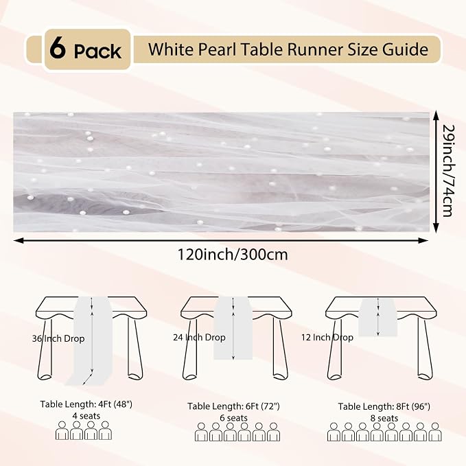 Set of 6 Pearl Table Runner 10ft, 29 * 120 Inch White Table Cloth Pearl Sheer Tulle Table Cover,Pearl Table Runner for Wedding Party Baby Shower Birthday Home Decor