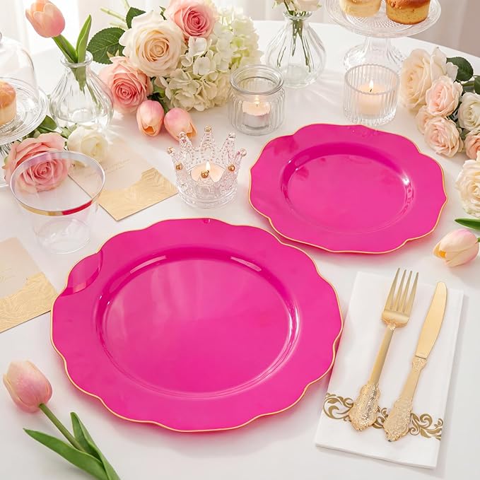 NOCCUR 175PCS Hot Pink Plastic Plates with Gold Disposable Silverware - Include 50 Hot Pink Plates,25 Knives,25 Forks,25 Spoons,25 Cups and 25 Napkins - Ideal for Party/Mother's Day