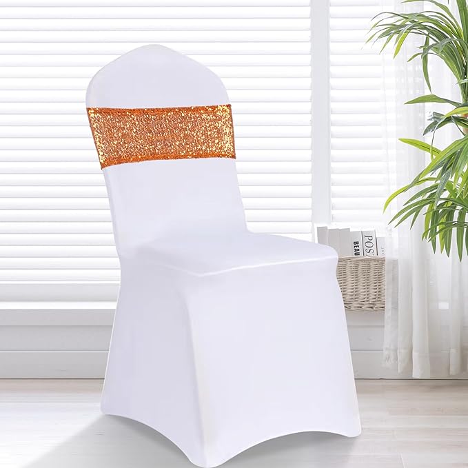 Eternal Beauty Set of 50 Orange Chair Sashes Band Bows Sequin Chair Sashes for Wedding Cover Decorations