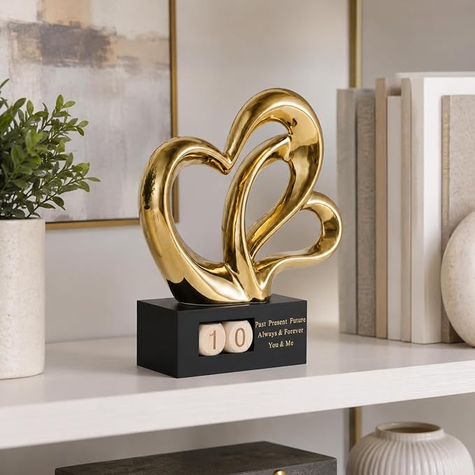 Ceramic Heart Sculpture with Date Blocks, Gold Hearts Statue for Home Decor, Romantic Valentines Day & Wedding for Couple, Shelf Mantel Tabletop Display (Gold)