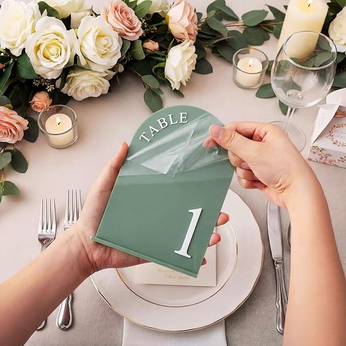 AceOrbit Sage Green Wedding Table Numbers 1-20 with Stands 5" x 7" Green Acrylic Wedding Signs with Holder Elegant Arch Numbered Signage Tabletop Reception Sign for Anniversary, Banquet, Event Decor