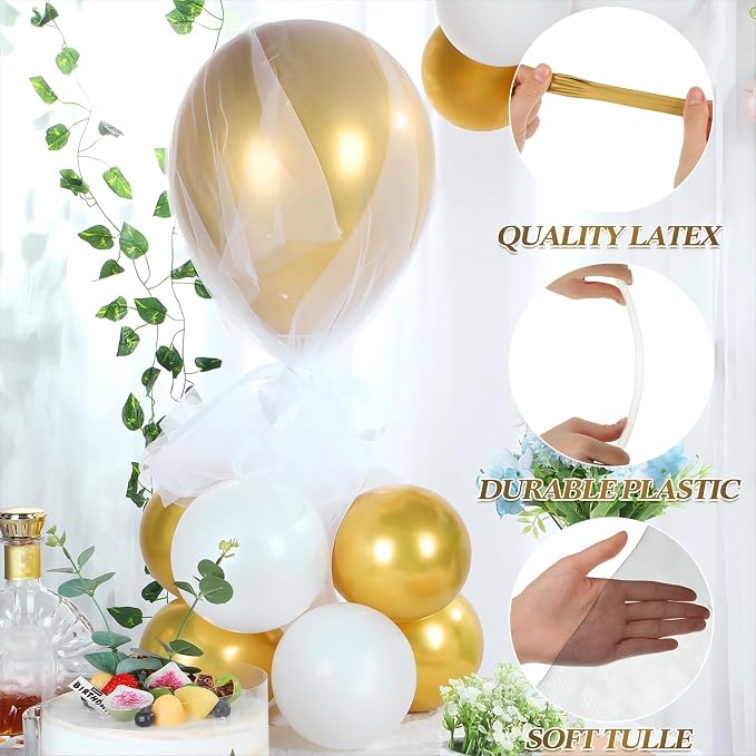 BBTO 8 Set Gold and White Table Centerpieces Balloons Stand Kit, Latex Balloons and Table Stand Holder with Base Tulle for Wedding Birthday Grad Prom Centerpieces Party Back to School Baby Shower