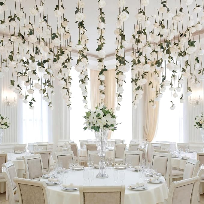 Lyrow 60 Pack White Artificial Flower Hanging Ornaments White Rose Floating Garland Floral Minimalist Boho Wedding Proposal Anniversary French Cream Farmhouse Ceiling Garland Table Decor DIY Craft