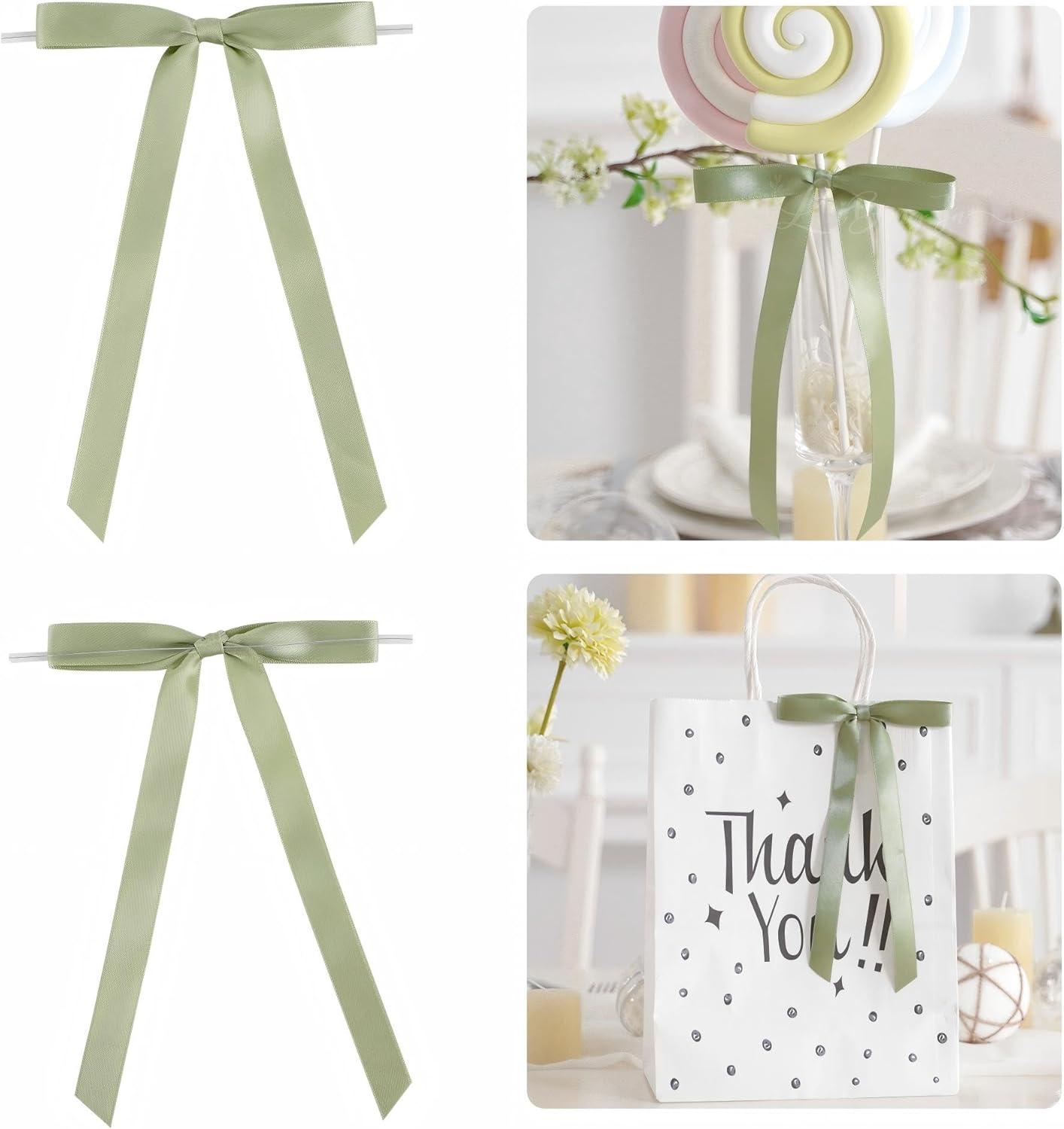 50 PCs Sage Green Bow 5 Inch Long Tail Bows for Gift Wrapping, Wedding Bow Party Decorations, Twist Tie Bows, Satin Bows for Crafts, Premade Bows for Presents, Treat Bags, Bottles, Cakes