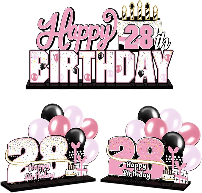 LINGTEER Happy 28th Birthday Pink Acrylic Table Topper Centerpieces Set - Cheers to 28 Years Old Birthday 28th Bday Party Gift Decorations.