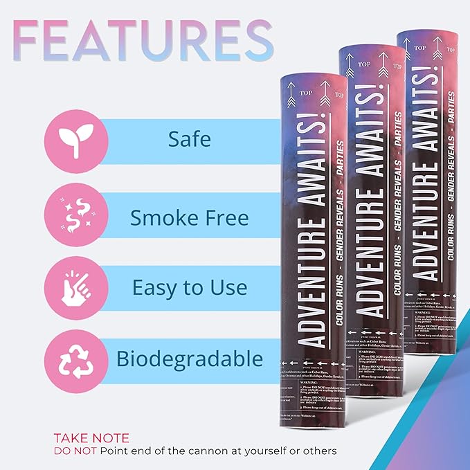 Adventure Awaits! - Baby Gender Reveal & for Other Festivals - Color Dispenser 12" x 6-Pack Hand Held Air Filled Party Popper - Also for Color Run Festival Product (Pink)
