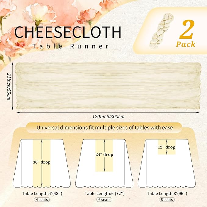 2 Pack Cheesecloth Table Runner 10FT Beige Table Runner Boho Gauze Cheese Cloth Table Runners Long Rustic Sheer Table Decorations for Wedding Party Baby Bridal Shower Birthday Holiday Home