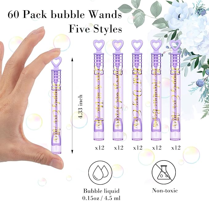 Hollowfly 60 Pack Purple Gold Lavender Wedding Mini Bubble Wands for a Wedding Bulk Heart Bubble for Guests Send Off Wand Adults Bridal Exit Shower Party Supplies Valentine Anniversaries Celebration