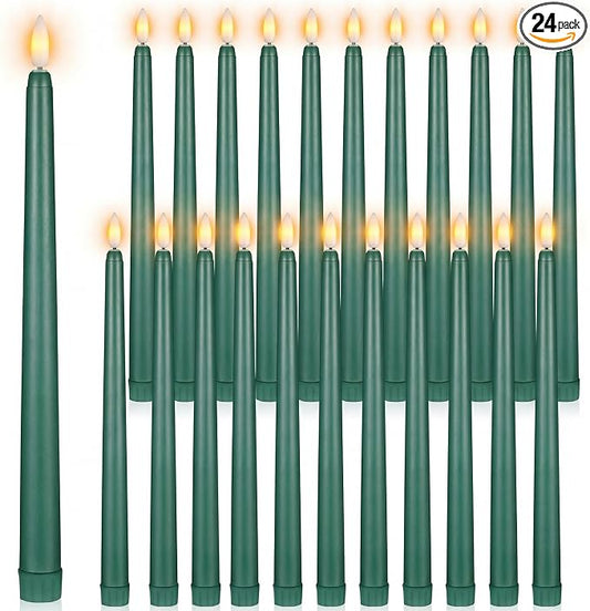 Macarrie 24 Packs Flameless Taper Candles Battery Operated Fake 11 Inch Long Candlelight LED Flameless Candlesticks Flickering Tapered for Summer Fall Wedding(Green)