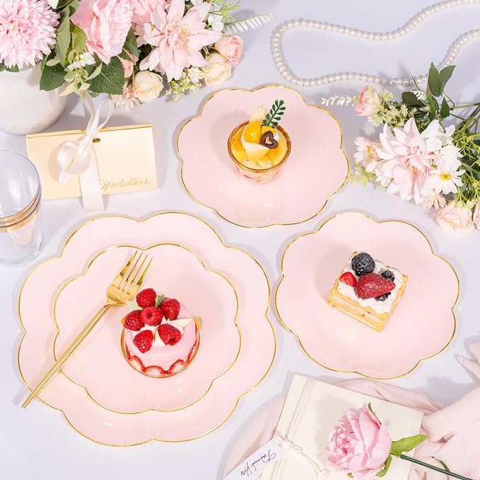 ejonirinjonir EI 180pcs Pink Plastic Plates with Gold Plastic Silverware,Party Plates Disposable,Pink Dinnerware Set for Afternoon Tea,Wedding,Birthday,Easter,Spring,Mother's Day,Valentine's Day