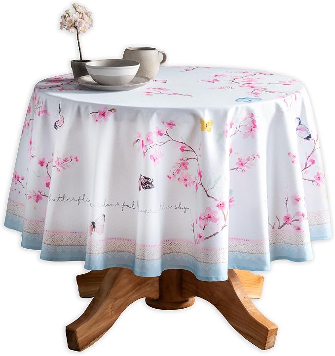 Maison d' Hermine Table Cloth Round Table 100% Cotton 63 Round Inches Tablecloth Reusable Decorative for Dining Kitchen Room Farmhouse Party Home Hotel Restaurant Spring Summer - Blossoms in Spring